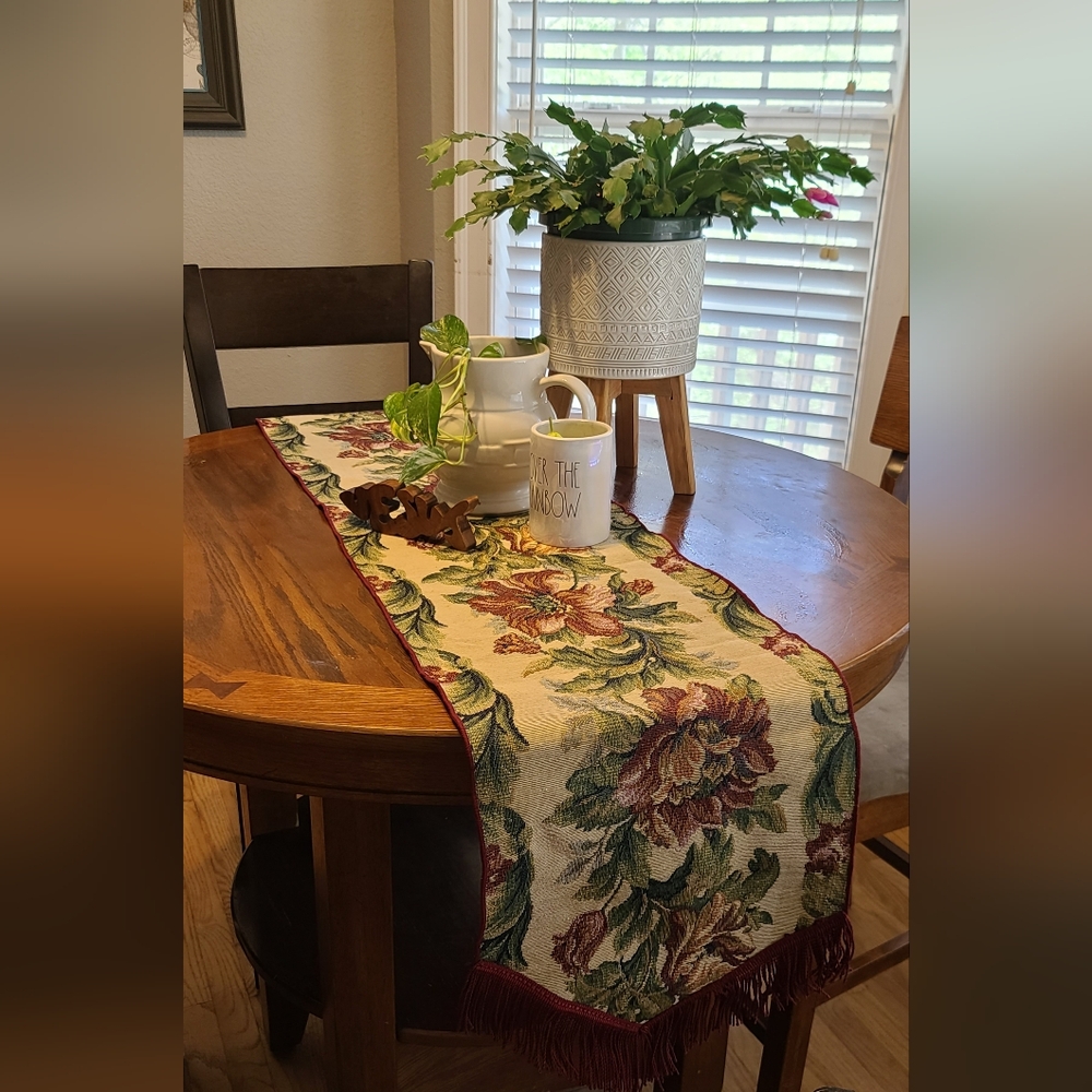 Table Runner 70" Burgundy Floral with Fringe